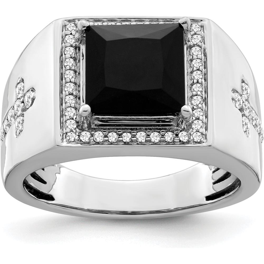 14K White Gold Onyx and Diamond Cross Men's Ring - 1.885 Carat Onyx, 0.073 Carat Diamonds by 0
