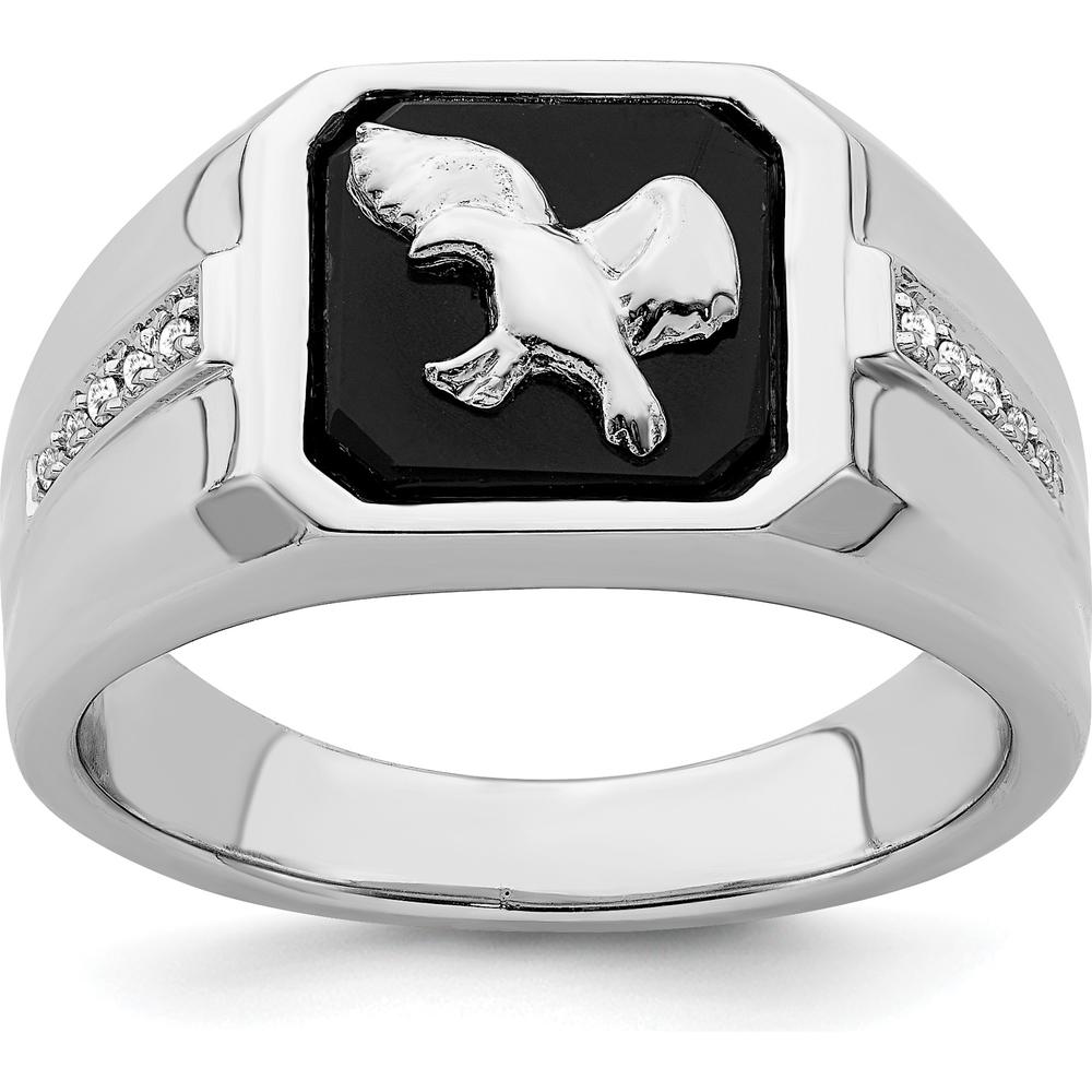 14K White Gold Onyx and Diamond Eagle Men's Ring - 0.05 Carat Diamond Weight by 0