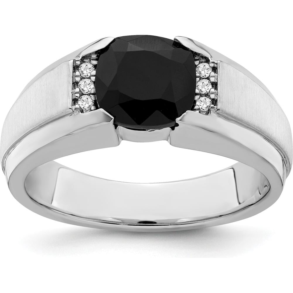 14K White Gold Onyx and Diamond Men's Ring with Cushion-Cut Onyx - 0.06 Carat Total Diamond Weight by 0