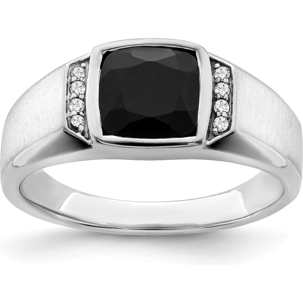 14K White Gold Onyx and Diamond Men's Ring with Tapered Band - 0.008 Carat Total Diamond Weight by 0