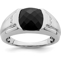 14K White Gold Onyx and Diamond Men's Ring with Tapered Band and Cushion Cut Onyx - 0.015 Carat Total Diamond Weight by 0