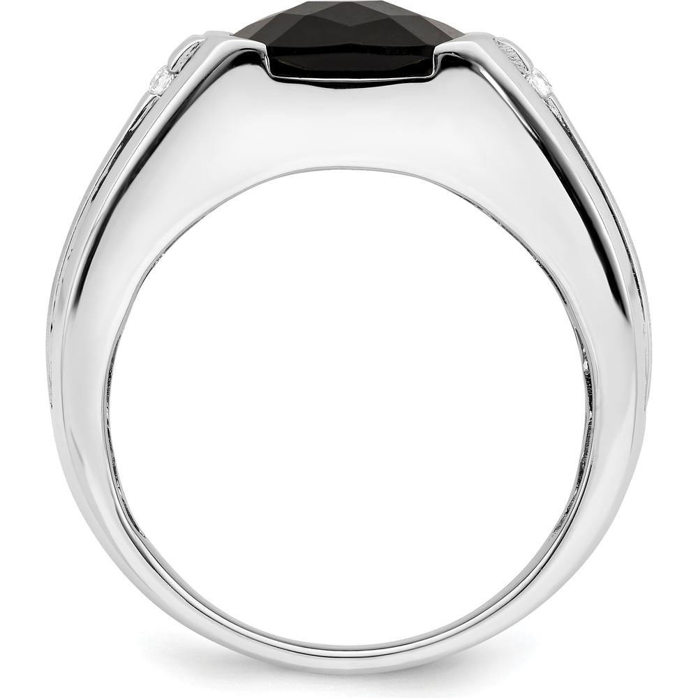 14K White Gold Onyx and Diamond Men's Ring with Tapered Band and Cushion Cut Onyx - 0.015 Carat Total Diamond Weight by 0