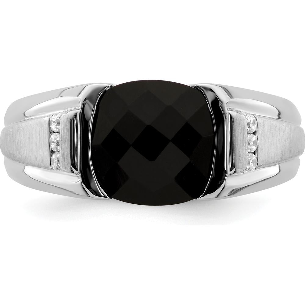 14K White Gold Onyx and Diamond Men's Ring with Tapered Band and Cushion Cut Onyx - 0.015 Carat Total Diamond Weight by 0