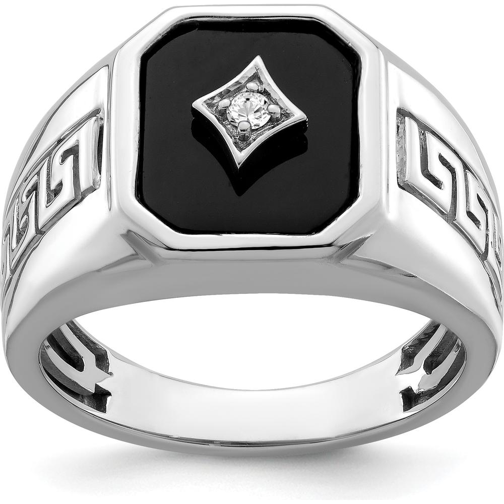 14K White Gold Onyx and Round Diamond Greek Key Design Men's Ring - 3.61 Carat Total Weight by 0