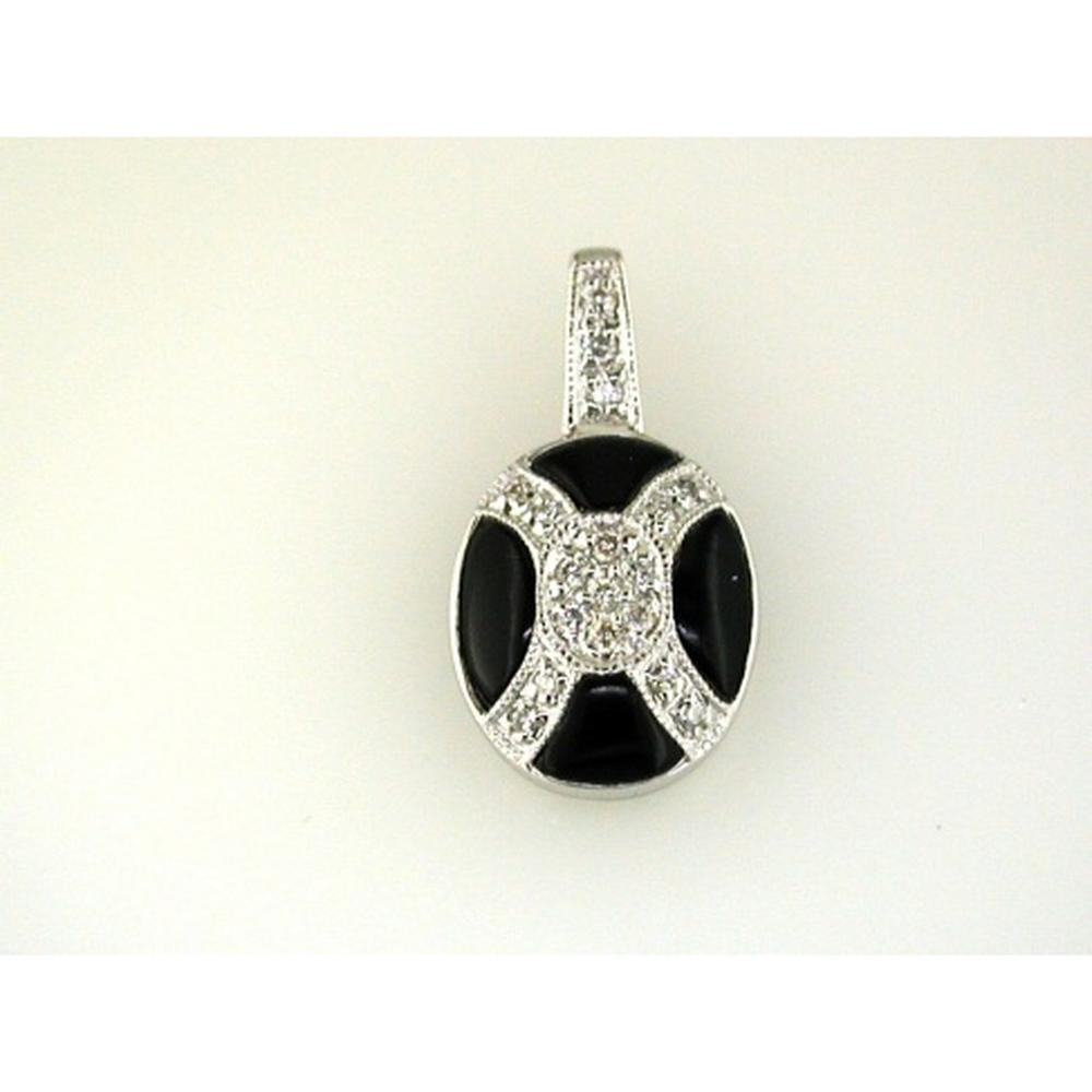 14K White Gold Onyx Pendant with Round Diamond Accents - 0.10 Carat Total Diamond Weight - Royal Jewelry