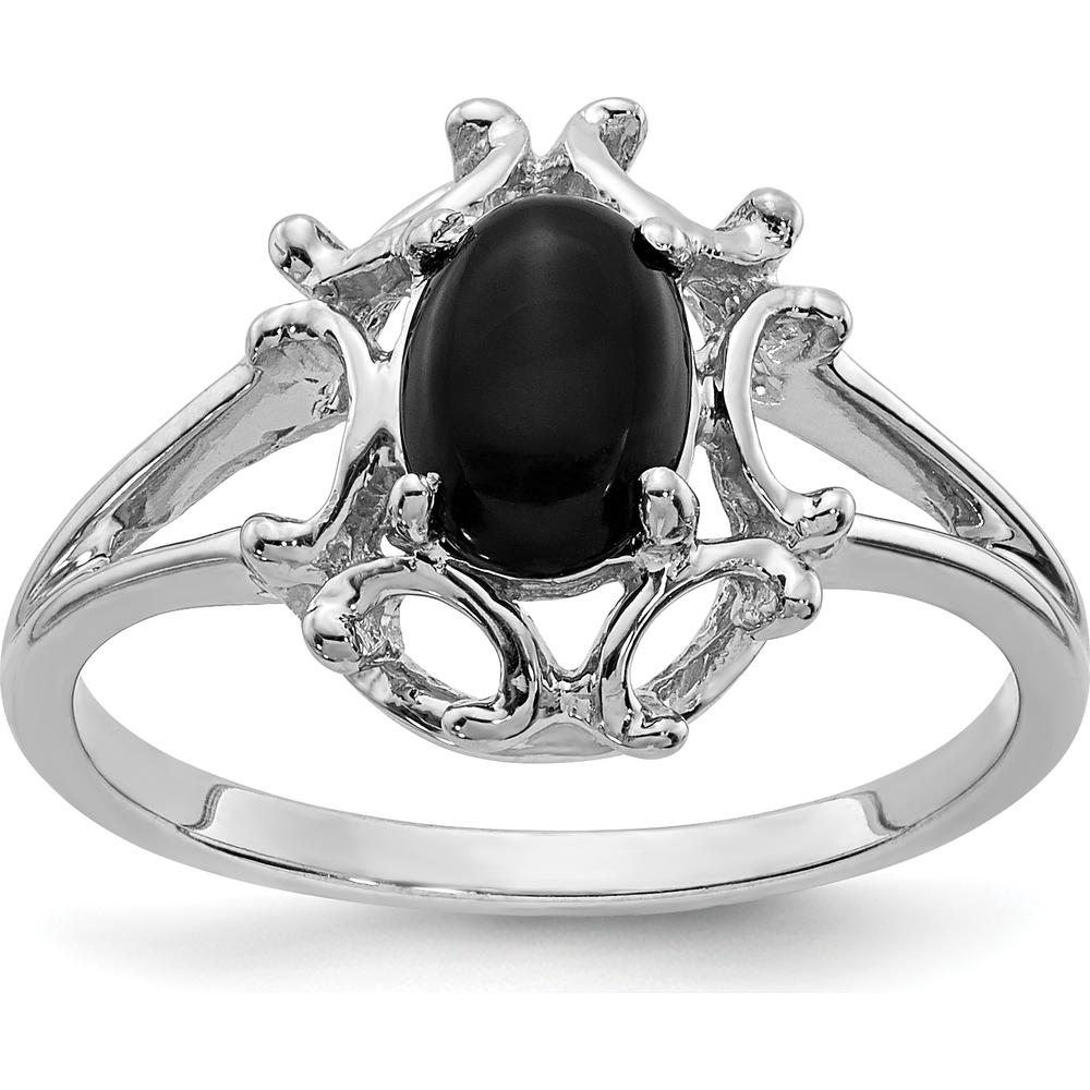 14K White Gold Onyx Ring with Tapered Band and Cabochon Cut Onyx - 7x5mm Oval Stone by Oro Pregiato