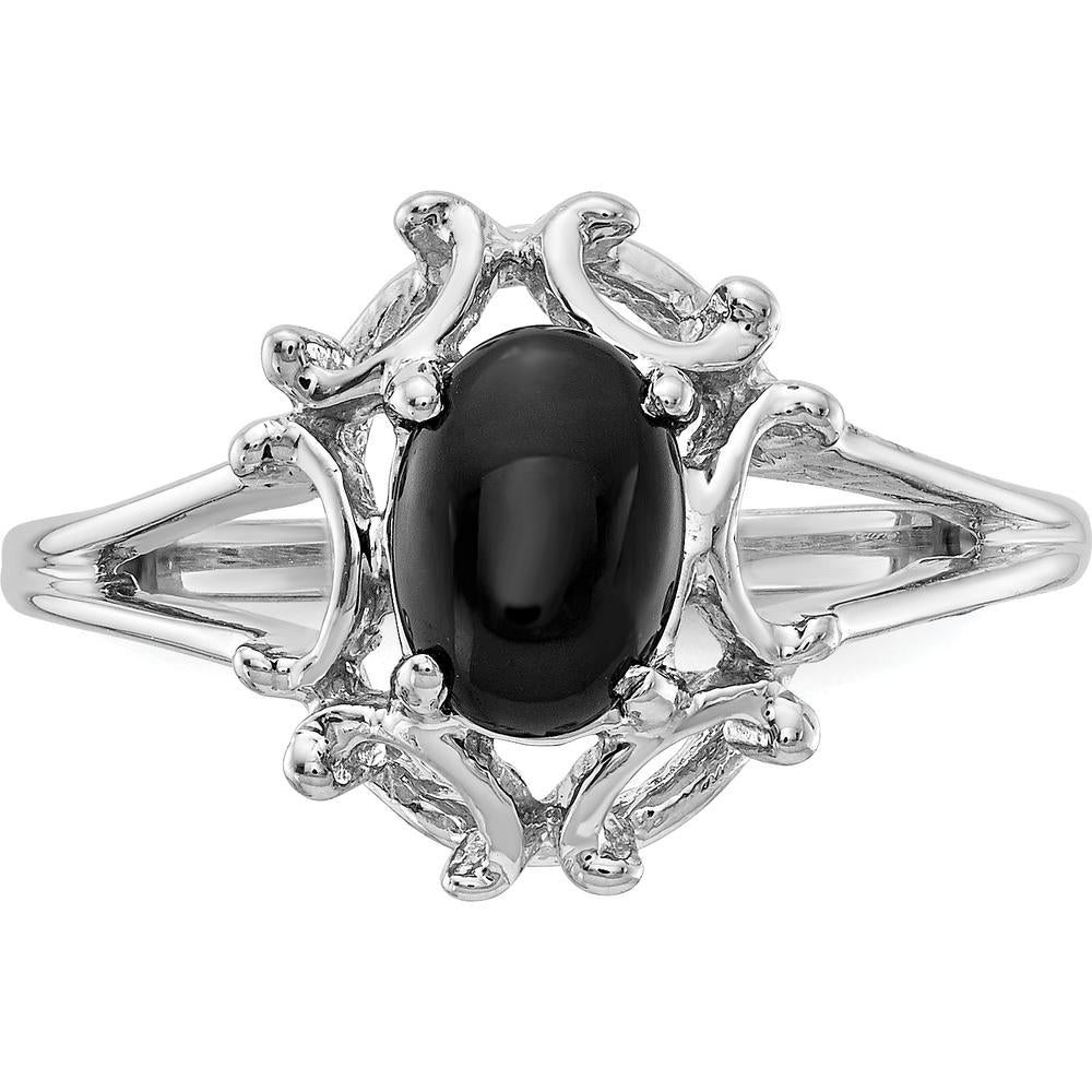 14K White Gold Onyx Ring with Tapered Band and Cabochon Cut Onyx - 7x5mm Oval Stone by Oro Pregiato