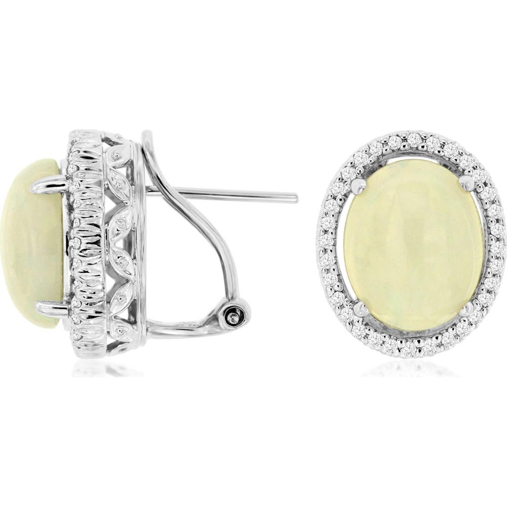 14K White Gold Opal & Diamond Halo Earrings - 4.20 Carats Opal, 0.56 Carats Diamond Total Weight