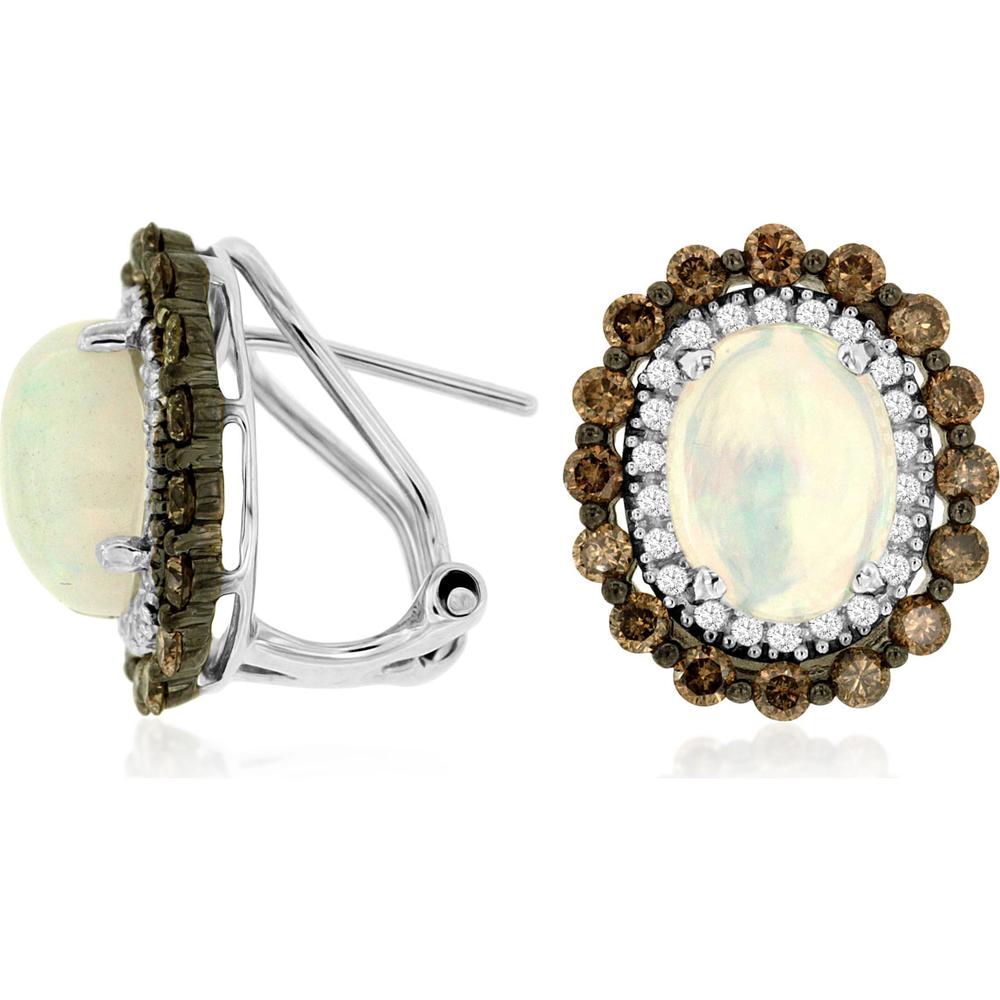 14K White Gold Opal and Diamond Halo Earrings with 2.2 Carats Opal and 1.1 Carats Total Diamond Weight