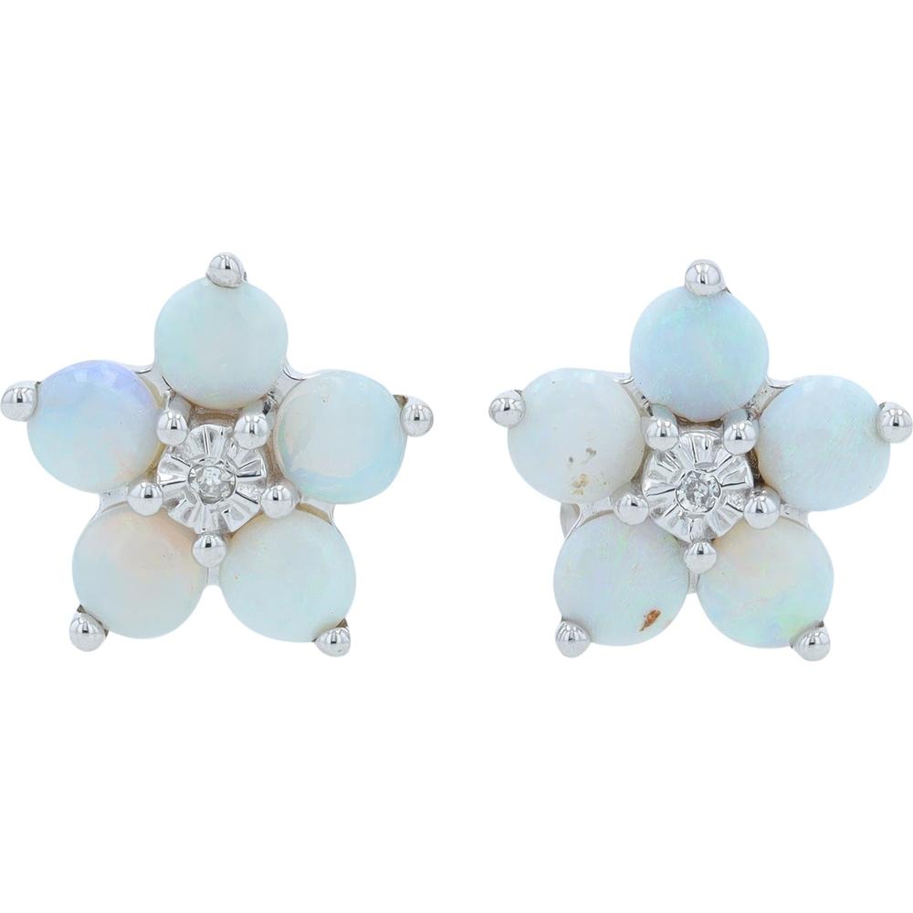 14K White Gold Opal Flower Stud Earrings with 0.01 Carat Total Diamond Accents