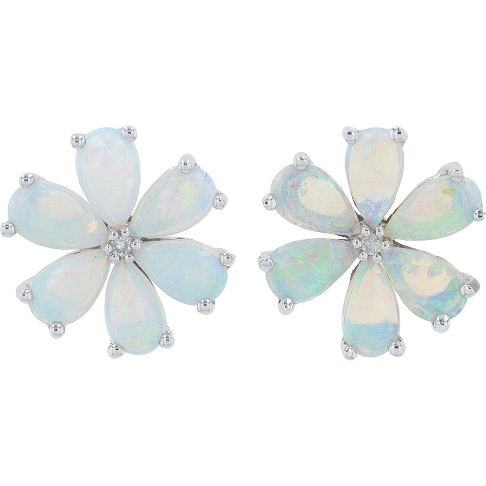 14K White Gold Opal Flower Stud Earrings with Diamond Center - 0.01 Carat Total Diamond Weight