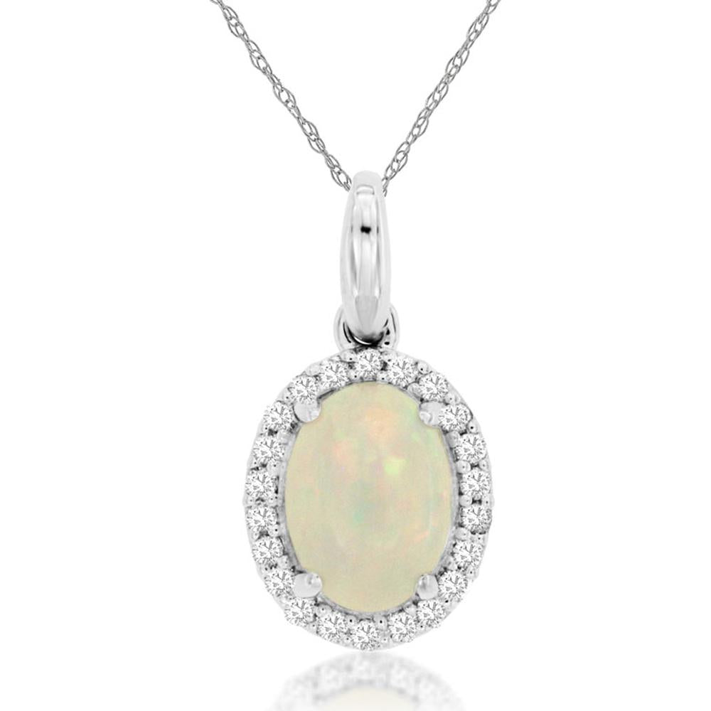 14K White Gold Opal Pendant with Diamond Halo - 0.90 Carats Opal & 0.14 Carats Diamond Weight