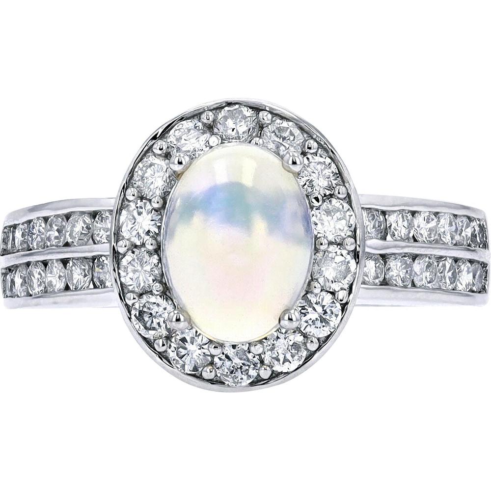 14K White Gold Opal Ring with Diamond Halo - 1.00 Carat Total Diamond Weight