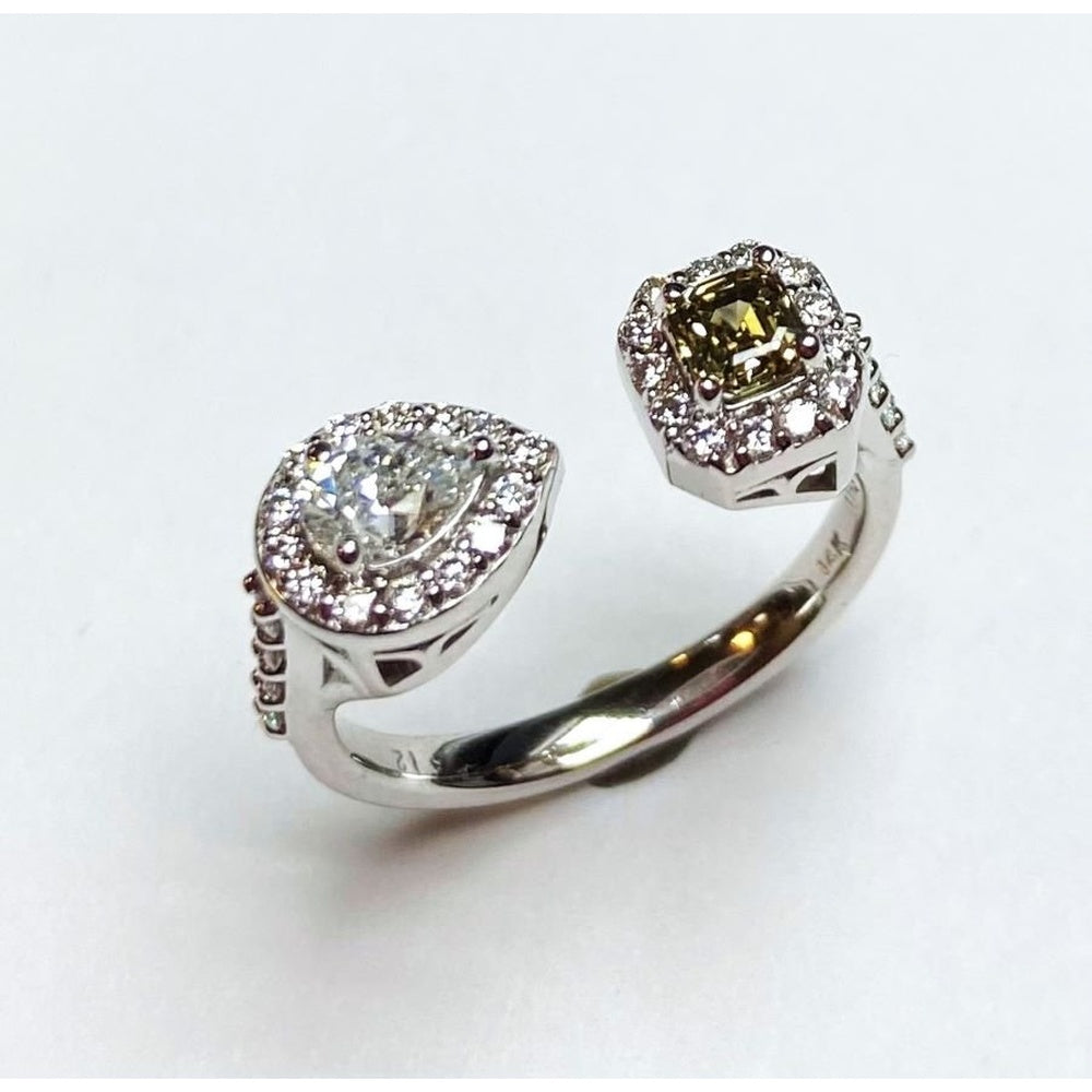 14K White Gold Open Bypass Fashion Ring with Pear-Shaped and Fancy Colored Diamond Halos - 1.25 Carat Total Diamond Weight by Auriventus