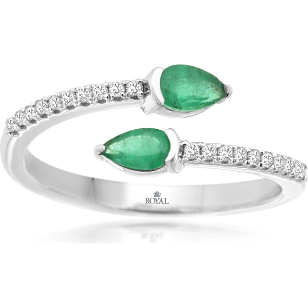 14K White Gold Open Bypass Ring with 0.45 Carat Pear Cut Emeralds and 0.12 Carat Pavé Set Round Diamonds - Royal Jewelry