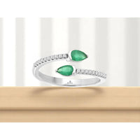14K White Gold Open Bypass Ring with 0.45 Carat Pear Cut Emeralds and 0.12 Carat Pavé Set Round Diamonds - Royal Jewelry