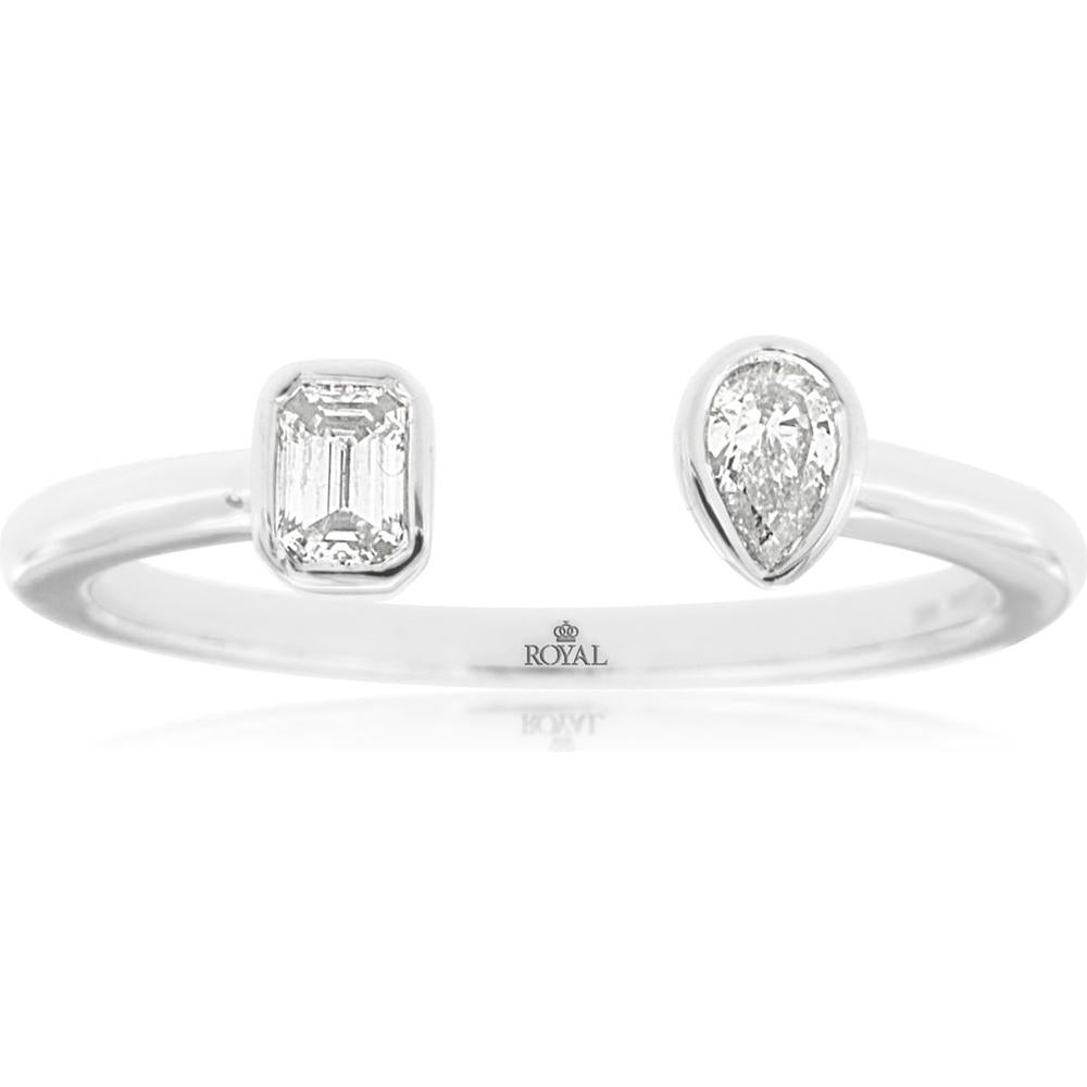 14K White Gold Open Bypass Ring with Emerald Cut and Pear Shaped Diamonds - 0.22 Carat Total Diamond Weight - Royal Jewelry