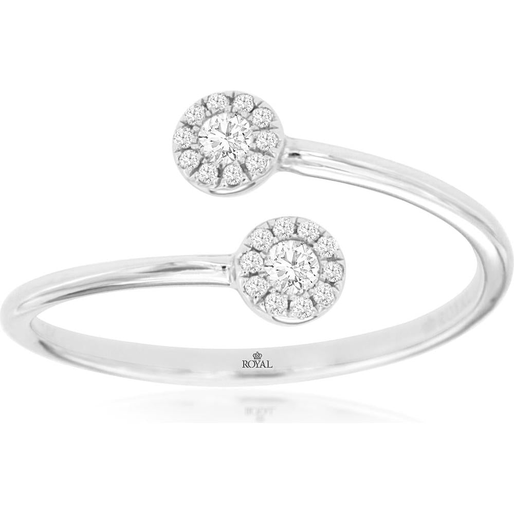 14K White Gold Open Bypass Ring with Round Diamond Halo Clusters - 0.14 Carats Total Diamond Weight