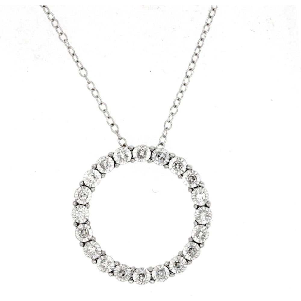 14K White Gold Open Circle Diamond Pendant Necklace with Round Diamonds - 0.16 Carat Total Diamond Weight - Royal Jewelry