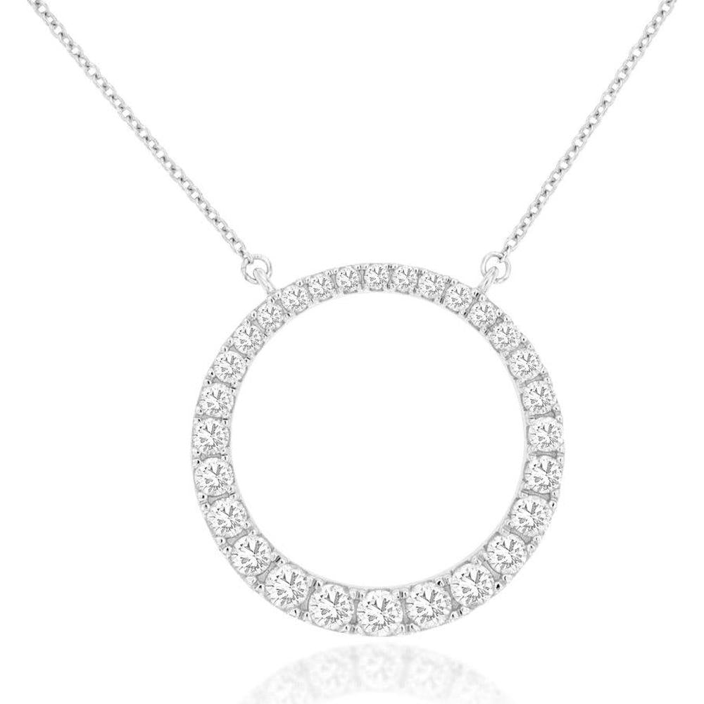 14K White Gold Open Circle Diamond Pendant Necklace with Shared Prong Set Round Brilliant Cut Diamonds - 1.00 Carat Total Diamond Weight - Royal Jewelry