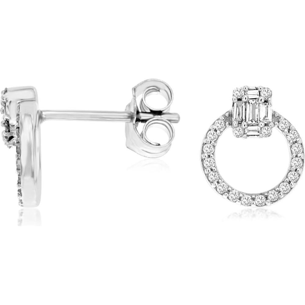 14K White Gold Open Circle Drop Earrings with Baguette and Round Diamond Cluster - 0.24 Carat Total Diamond Weight - Royal Jewelry