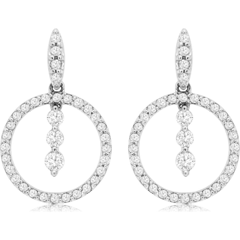 14K White Gold Open Circle Drop Earrings with Pavé Round Diamonds and Floating Diamond Center Drops - 0.33 Carat Total Diamond Weight - Royal Jewelry