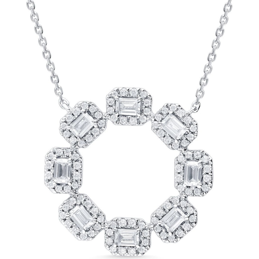 14K White Gold Open Circle Necklace with Eight Halo-Set Emerald Cut Diamonds - 1.53 Carat Total Diamond Weight by Auriventus