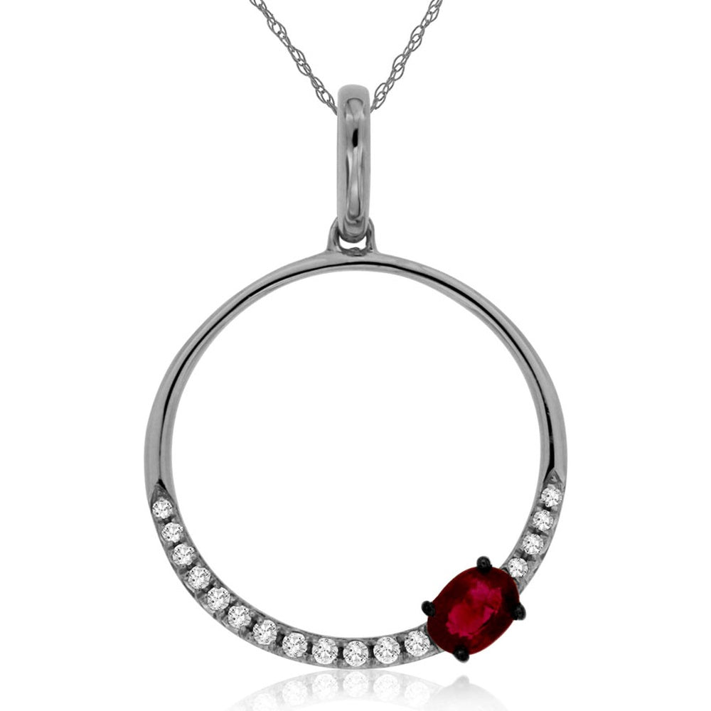14K White Gold Open Circle Pendant Necklace with 0.22 Carat Oval Ruby and 0.07 Carat Round Diamond Accents - Royal Jewelry