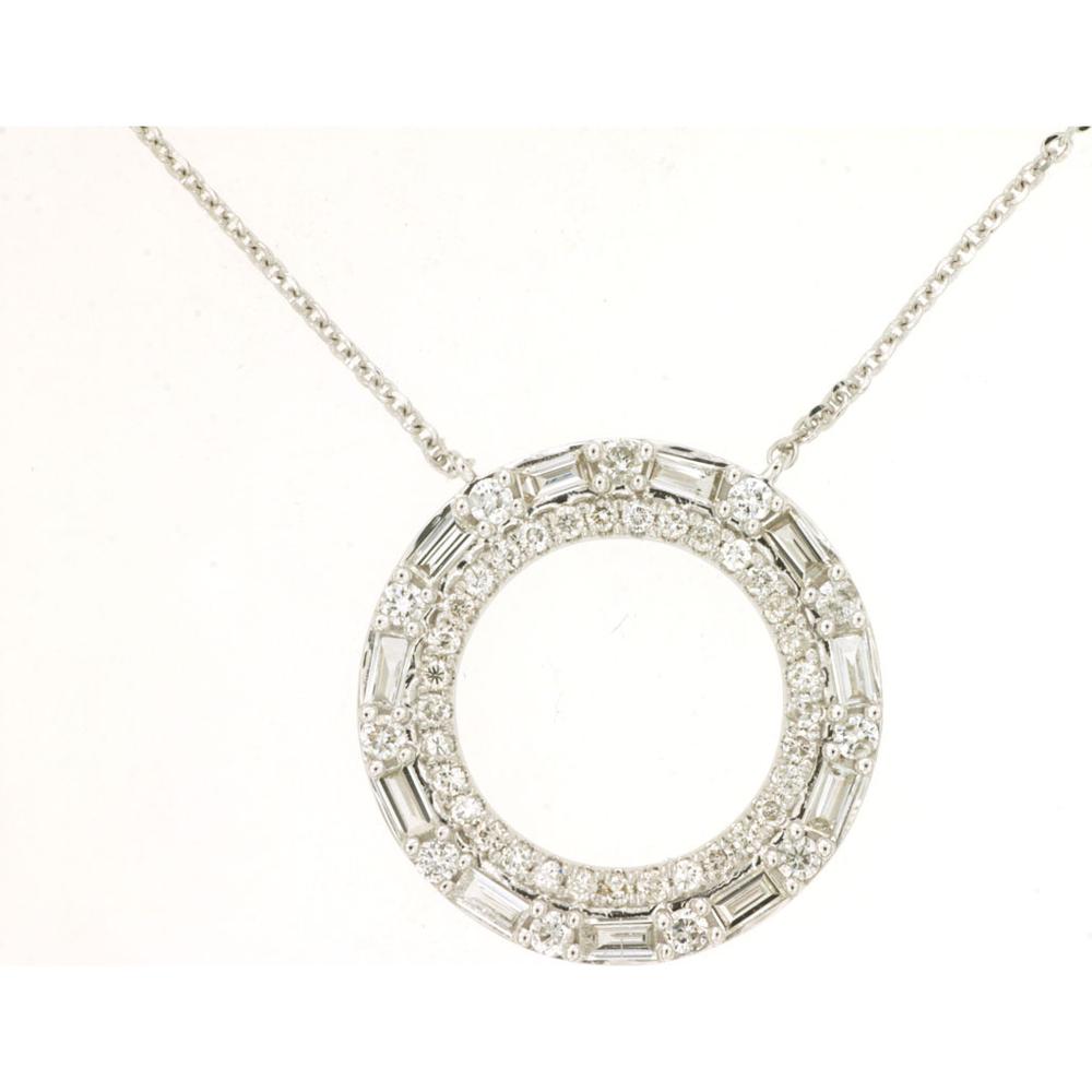 14K White Gold Open Circle Pendant Necklace with Alternating Baguette and Round Diamonds - 0.73 Carat Total Diamond Weight - Royal Jewelry