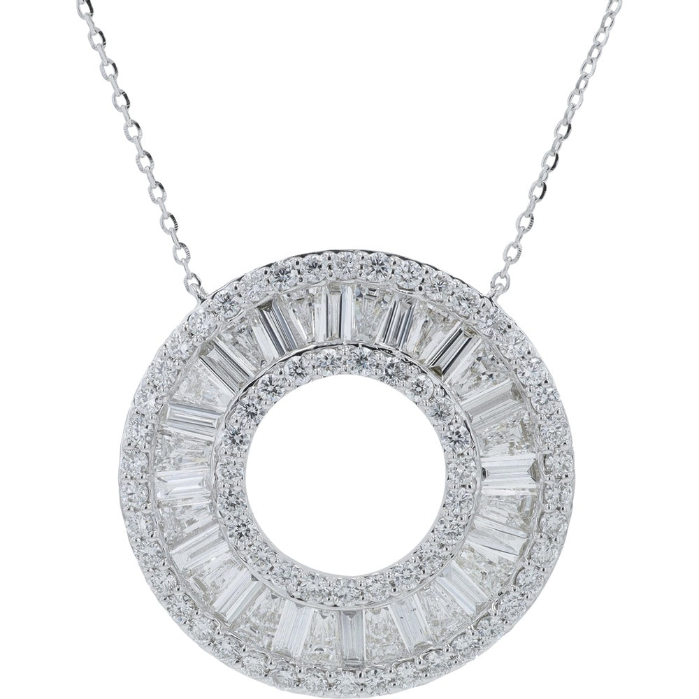 14K White Gold Open Circle Pendant Necklace with Baguette and Round Lab Grown Diamonds - 2.75 Carat Total Diamond Weight