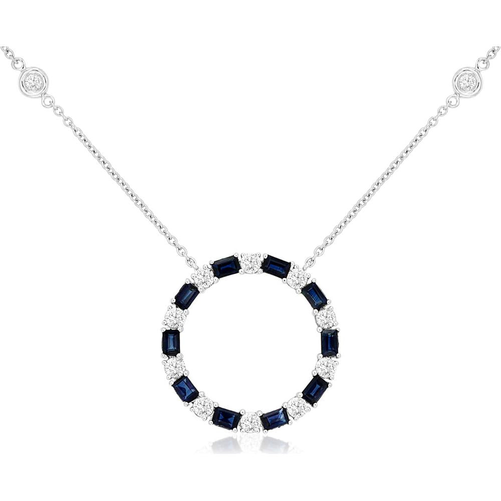 14K White Gold Open Circle Pendant Necklace with Baguette Sapphires and Diamonds - 1.20 Carat Total Sapphire Weight and 0.62 Carat Total Diamond Weight - Royal Jewelry