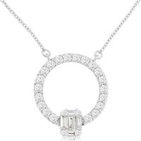 14K White Gold Open Circle Pendant Necklace with Geometric Emerald-Cut and Round Diamond Cluster - 0.48 Carat Total Diamond Weight - Royal Jewelry