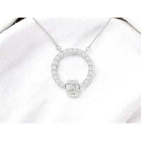 14K White Gold Open Circle Pendant Necklace with Geometric Emerald-Cut and Round Diamond Cluster - 0.48 Carat Total Diamond Weight - Royal Jewelry