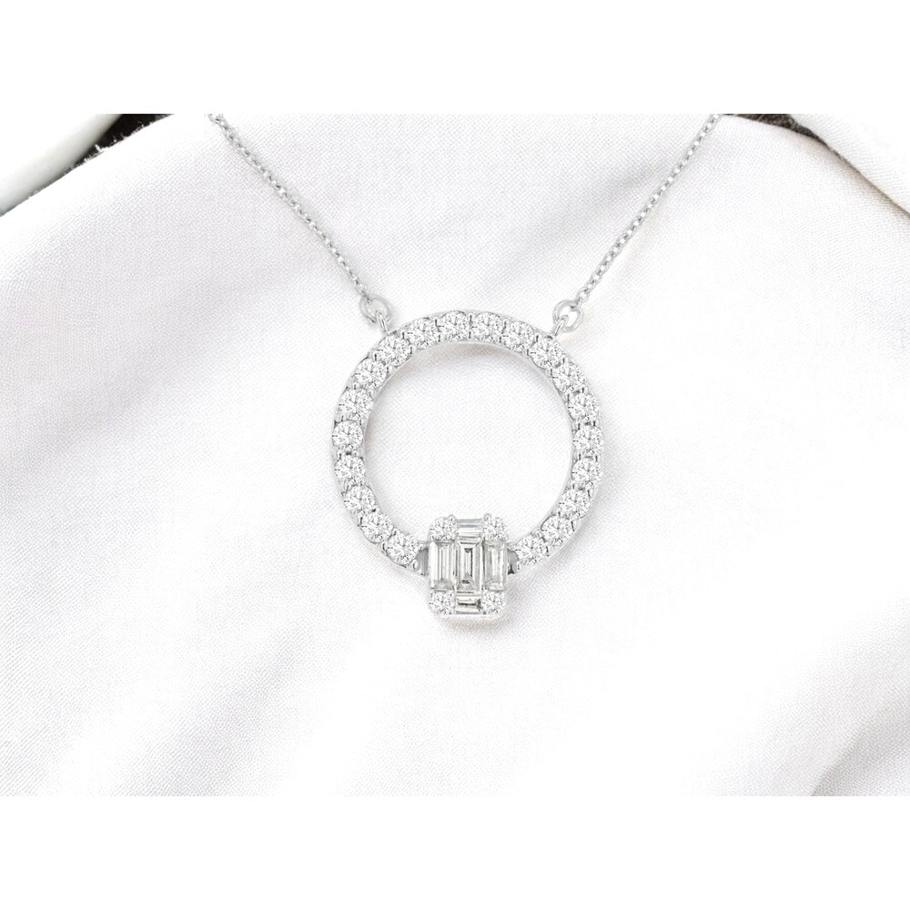 14K White Gold Open Circle Pendant Necklace with Geometric Emerald-Cut and Round Diamond Cluster - 0.48 Carat Total Diamond Weight - Royal Jewelry