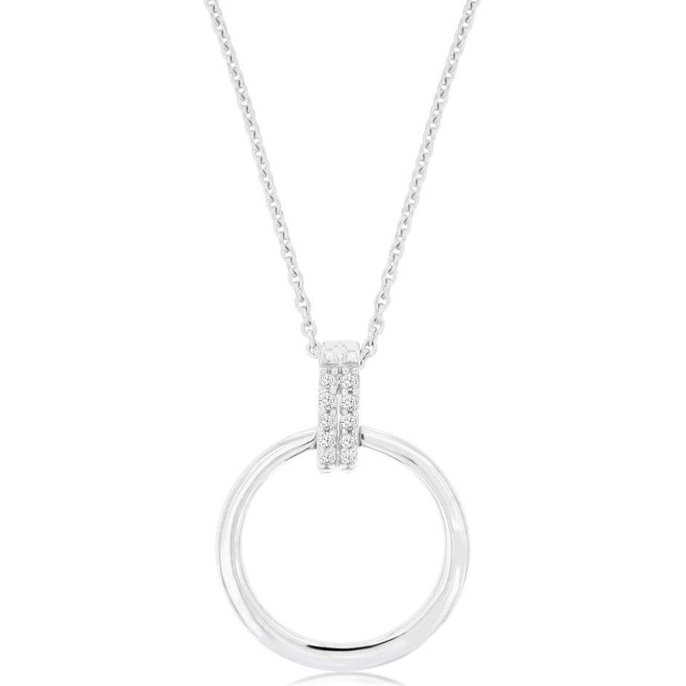 14K White Gold Open Circle Pendant Necklace with Pavé-Set Round Diamonds - 0.03 Carat Total Diamond Weight - Royal Jewelry