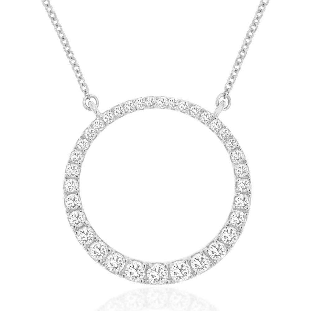 14K White Gold Open Circle Pendant Necklace with Prong-Set Round Diamonds - 0.52 Carat Total Diamond Weight - Royal Jewelry