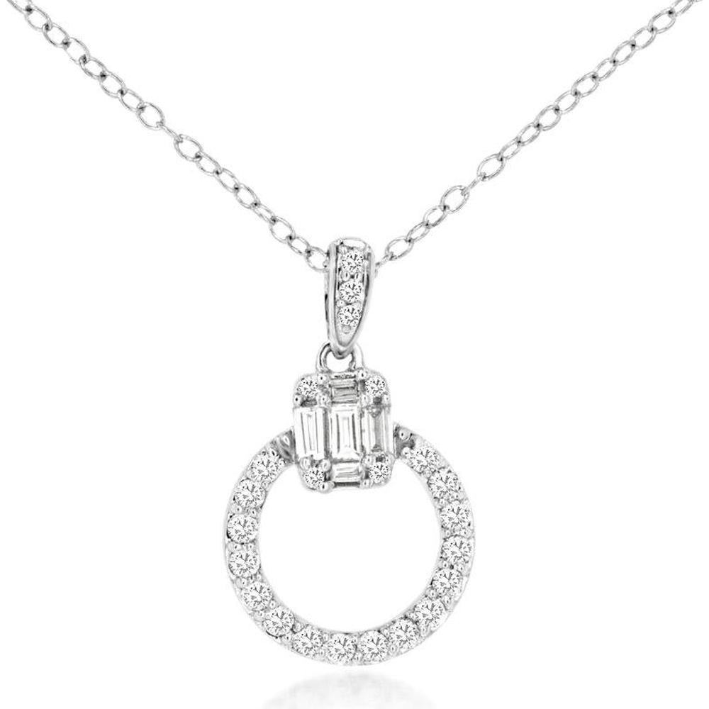 14K White Gold Open Circle Pendant Necklace with Round and Emerald-Cut Style Diamonds - 0.27 Carat Total Diamond Weight - Royal Jewelry