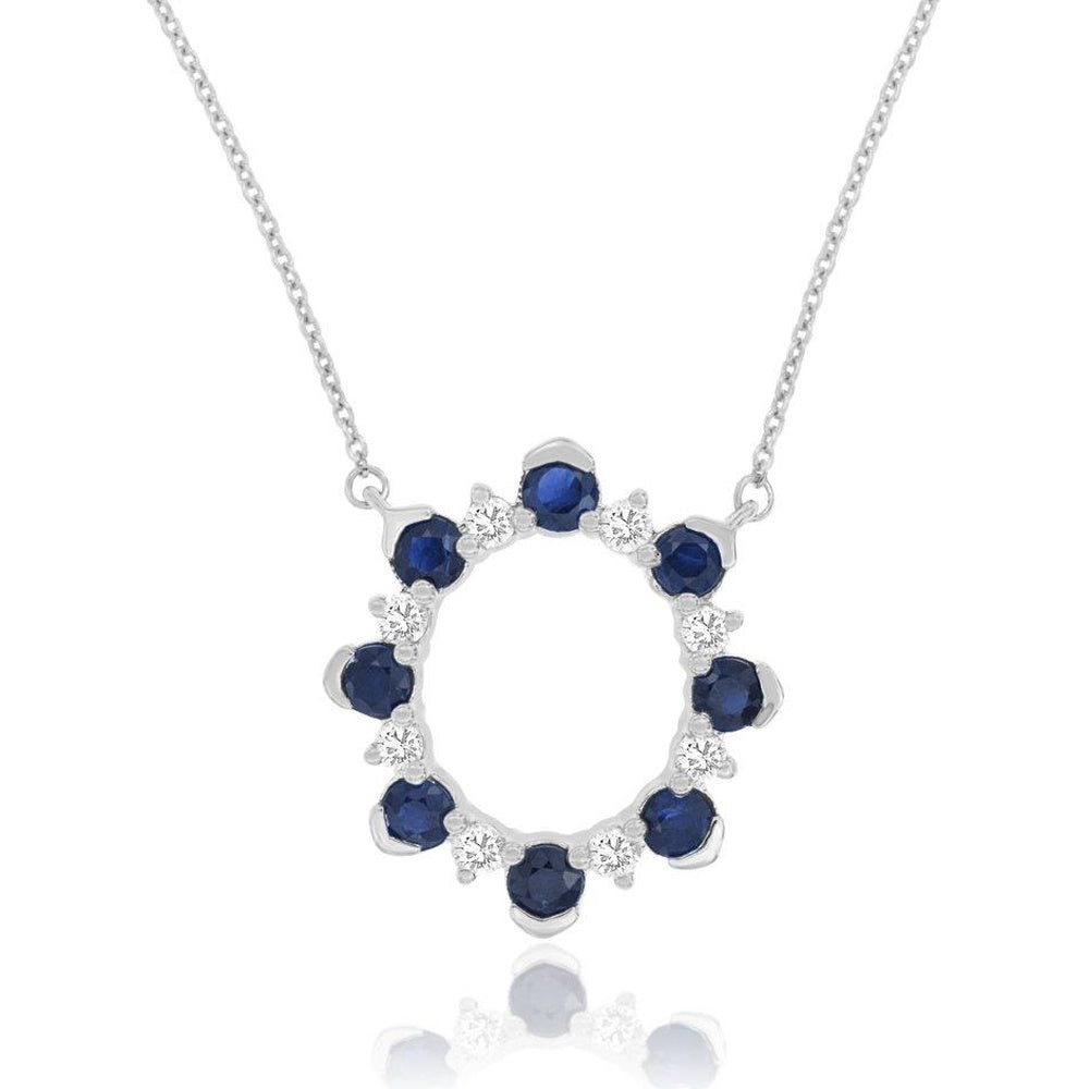 14K White Gold Open Circle Pendant Necklace with Round Sapphires and Diamond Accents - 1.00 Carat Sapphire and 0.29 Carat Diamond Total Weight - Royal Jewelry