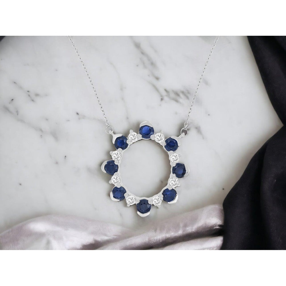 14K White Gold Open Circle Pendant Necklace with Round Sapphires and Diamond Accents - 1.00 Carat Sapphire and 0.29 Carat Diamond Total Weight - Royal Jewelry