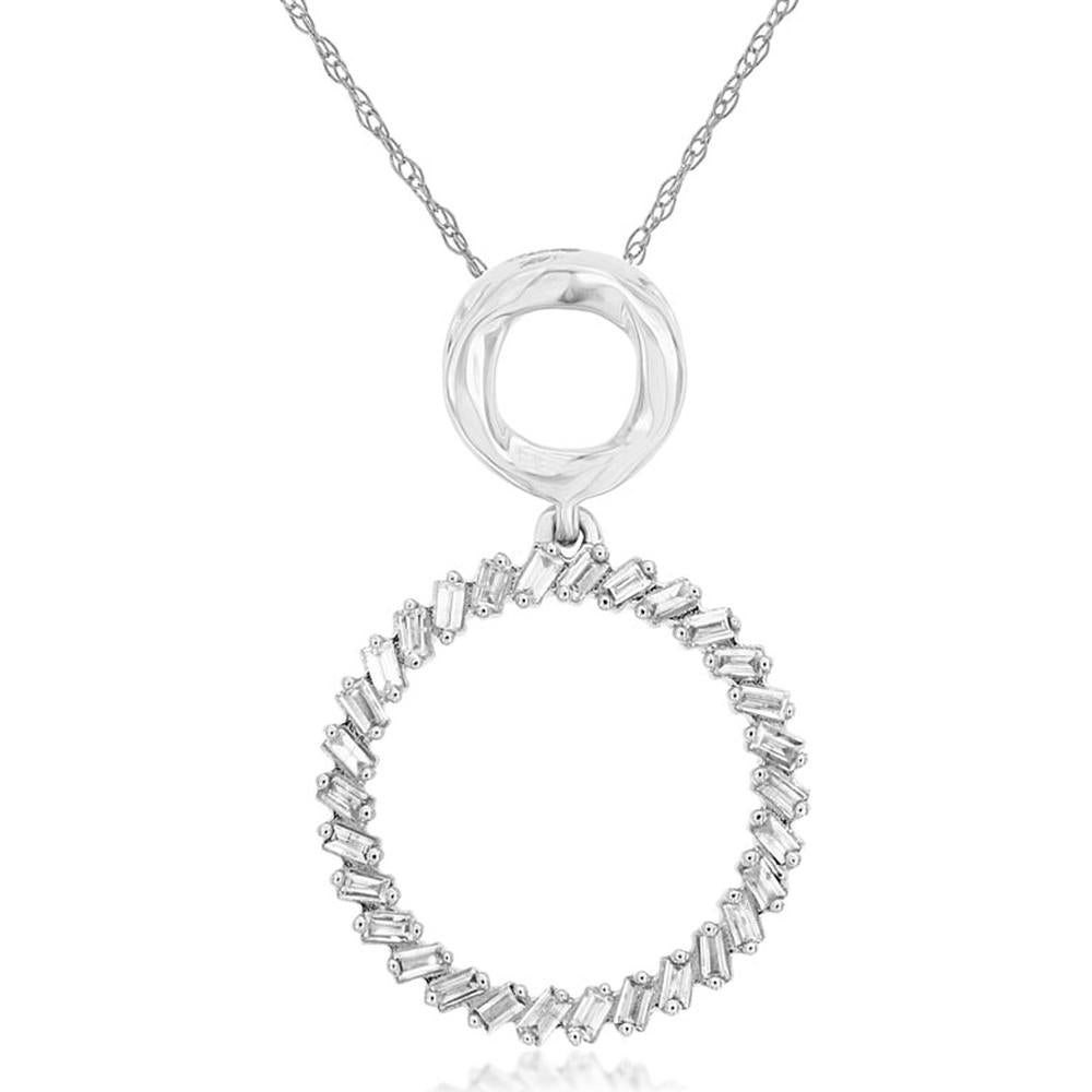 14K White Gold Open Circle Pendant with Baguette Diamond Halo - 0.17 Carat Total Diamond Weight - Royal Jewelry