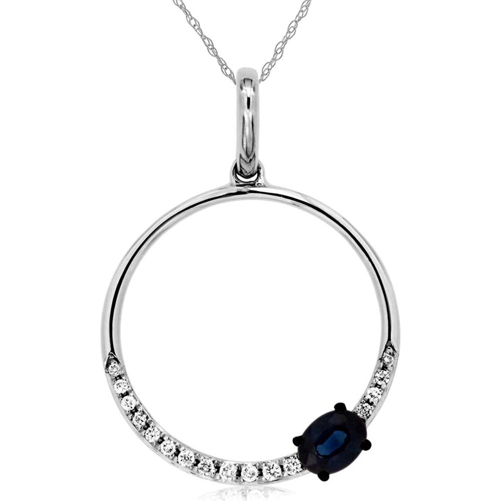 14K White Gold Open Circle Pendant with Oval Blue Sapphire and Graduated Round Diamond Accents - 0.25 Carat Sapphire, 0.07 Carat Diamond - Royal Jewelry