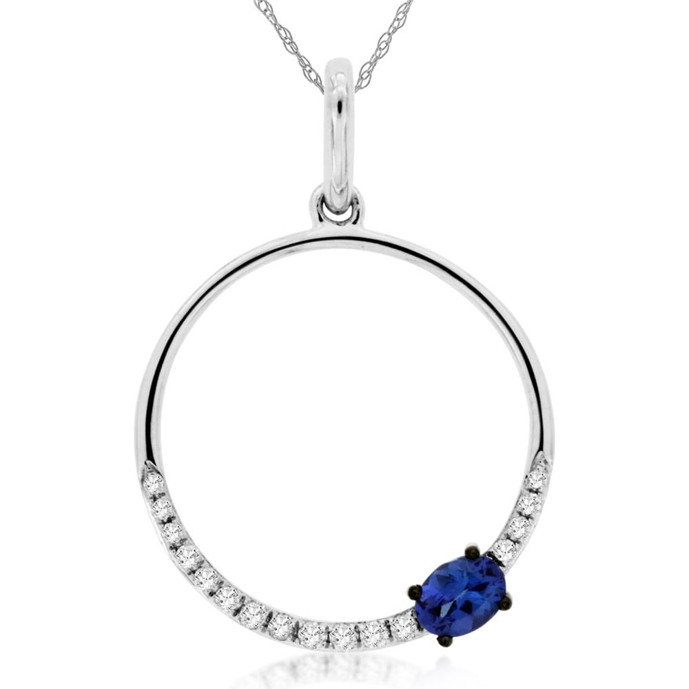 14K White Gold Open Circle Pendant with Oval Tanzanite and Pave-Set Round Diamonds - 0.22 Carat Tanzanite and 0.07 Carat Total Diamond Weight - Royal Jewelry