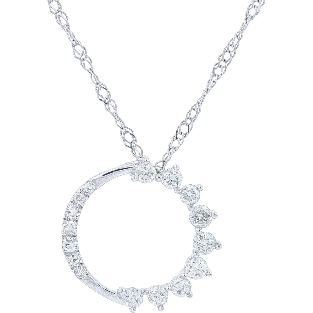 14K White Gold Open Circle Pendant with Prong-Set Round Diamonds - 0.18 Carat Total Diamond Weight