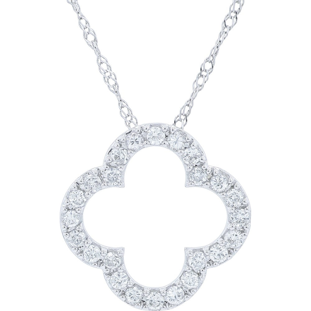 14K White Gold Open Clover Pendant with Round-Cut Diamonds and Milgrain Detail - 0.25 Carat Total Diamond Weight