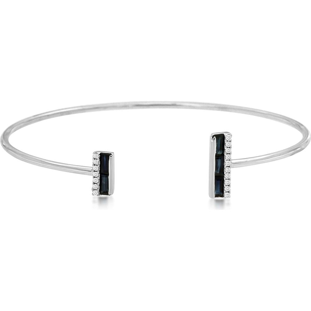 14K White Gold Open Cuff Bangle with Baguette Cut Blue Sapphires and Round Diamond Accents - 0.80 Carat Sapphire, 0.10 Carat Diamond - Royal Jewelry