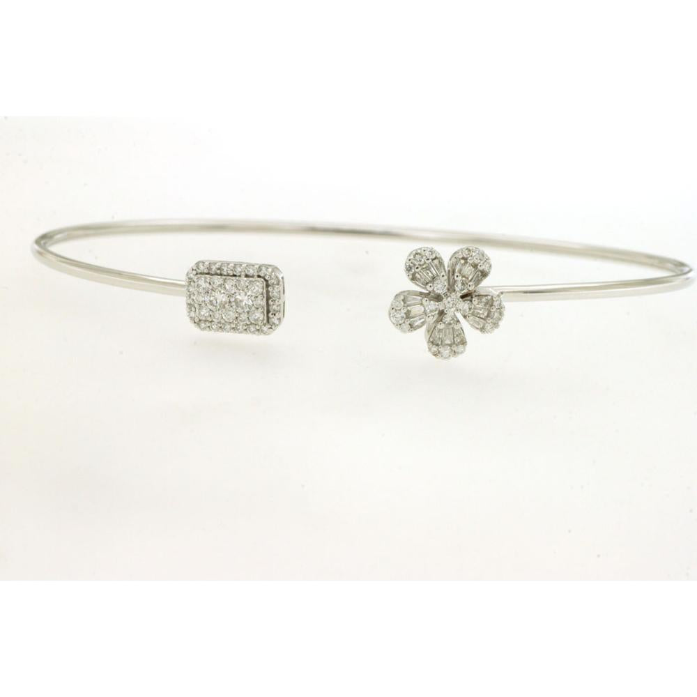 14K White Gold Open Cuff Bangle with Geometric and Floral Diamond Motifs - 0.50 Carat Total Diamond Weight (Round and Baguette Cuts) - Royal Jewelry