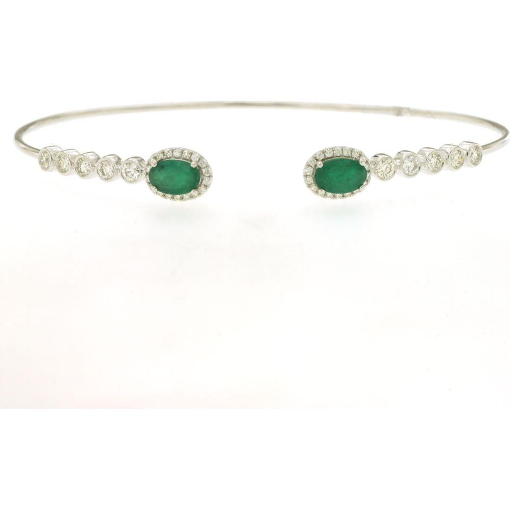 14K White Gold Open Cuff Bangle with Oval Emerald and Diamond Halo - 0.88 Carat Emerald Total Weight, 0.53 Carat Diamond Total Weight - Royal Jewelry