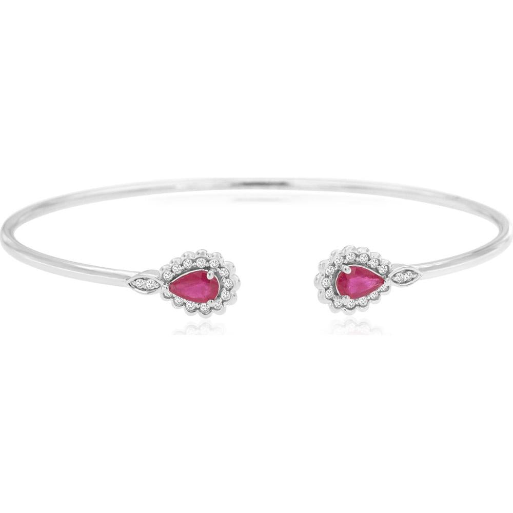14K White Gold Open Cuff Bangle with Pear-Shaped Ruby Halo and Round Diamond Accents - 0.90 Carat Ruby Total, 0.21 Carat Diamond Total - Royal Jewelry