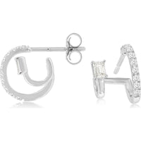 14K White Gold Open Cuff Earrings with Baguette and Round Diamonds - 0.37 Carat Total Diamond Weight - Royal Jewelry