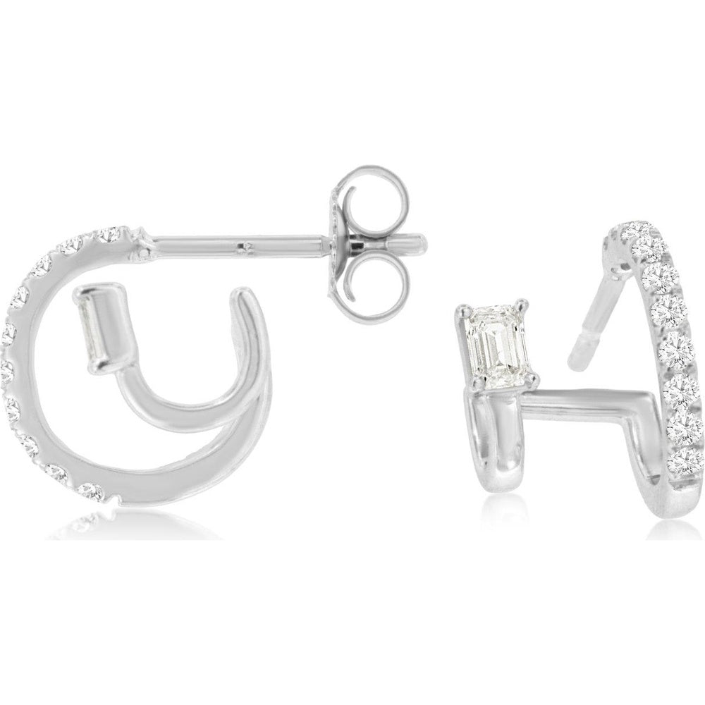 14K White Gold Open Cuff Earrings with Baguette and Round Diamonds - 0.37 Carat Total Diamond Weight - Royal Jewelry